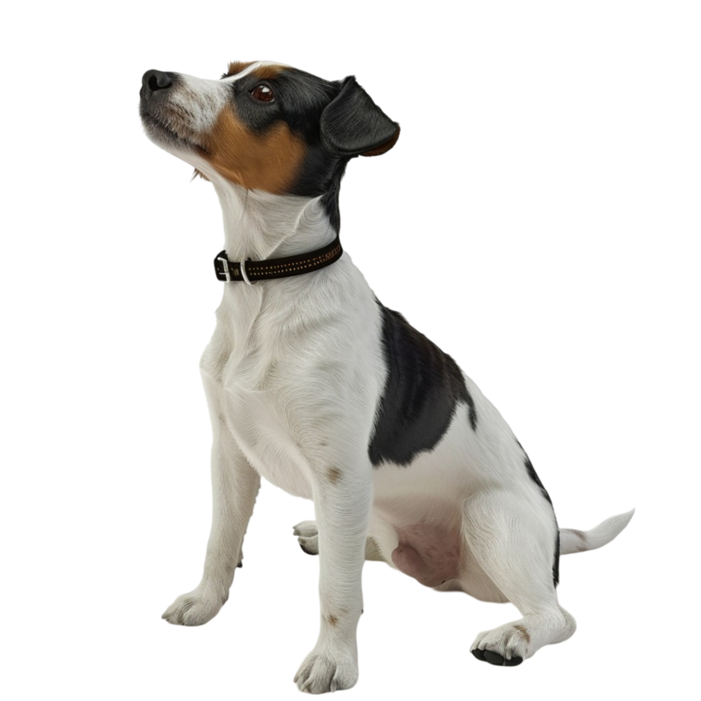 a black and white dog sitting on a white background