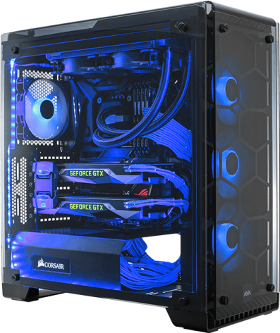 a computer case with a blue light inside