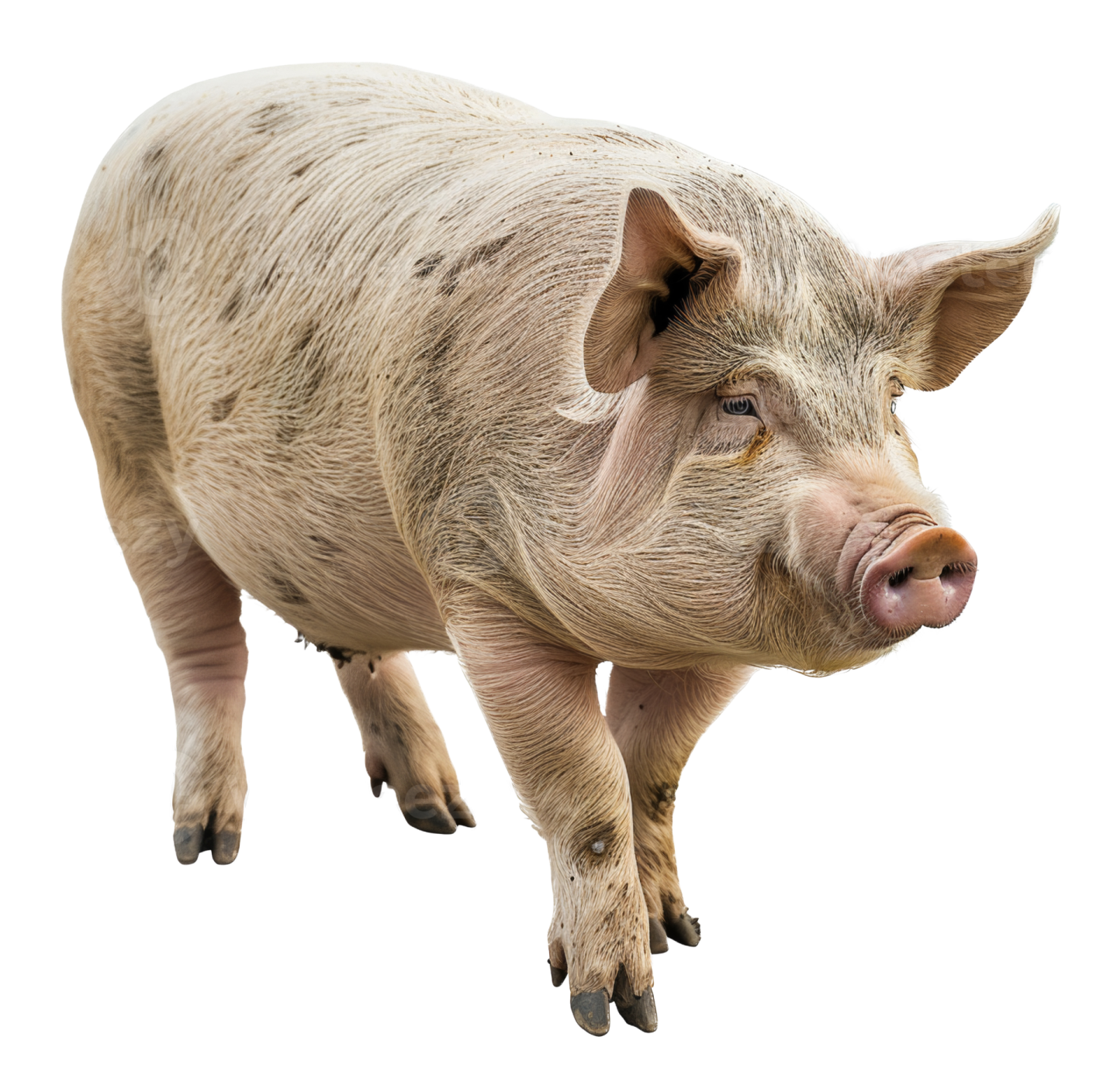 a small pig standing on a white surface