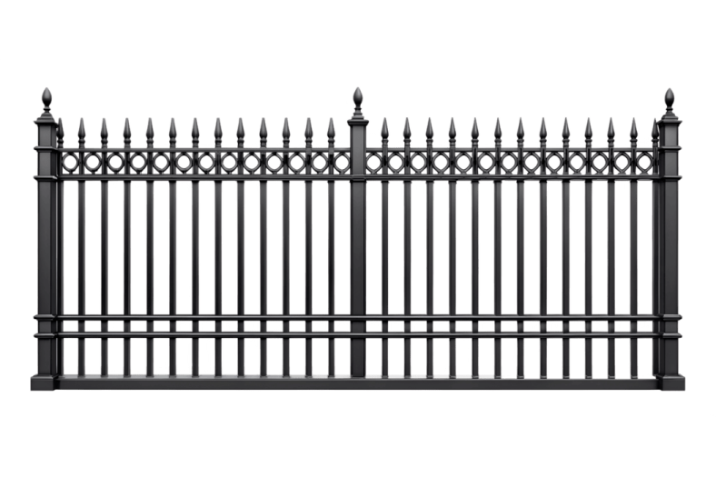 a black wrought fence on a white background