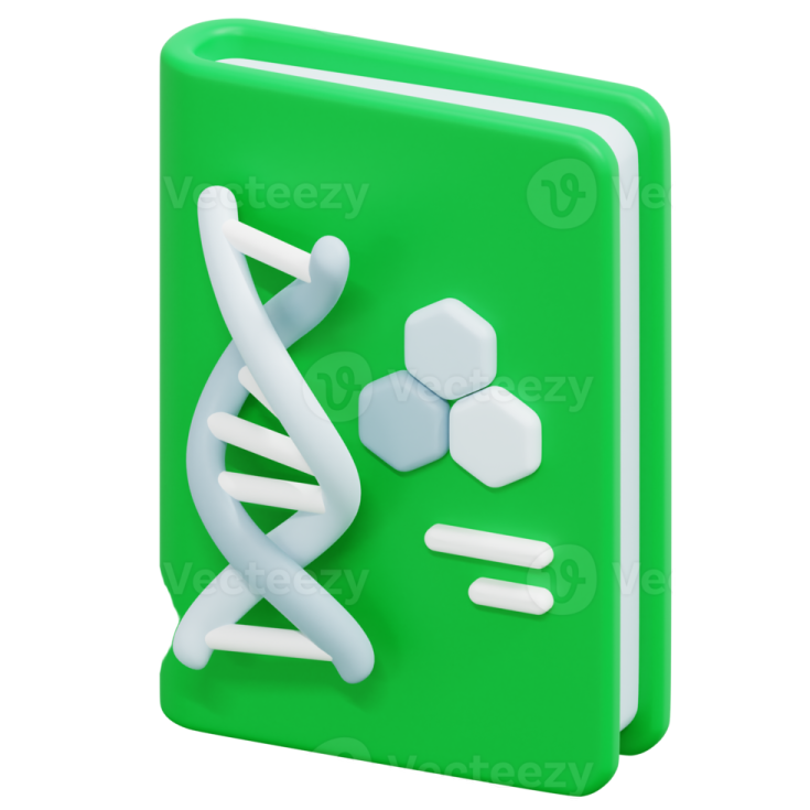 a green book with a 3d image of a dna molecule