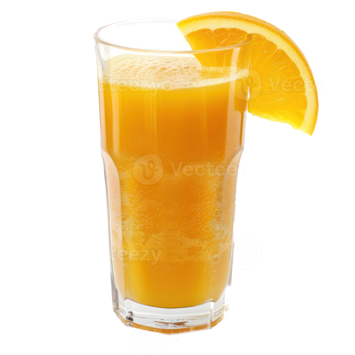 a glass of orange juice with an orange slice