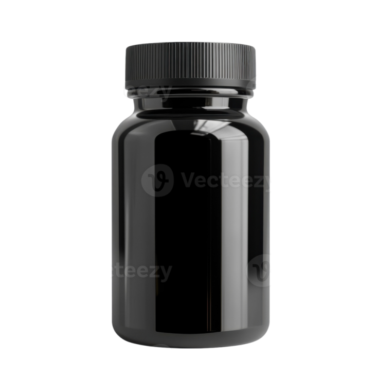 a black pill bottle on a white background