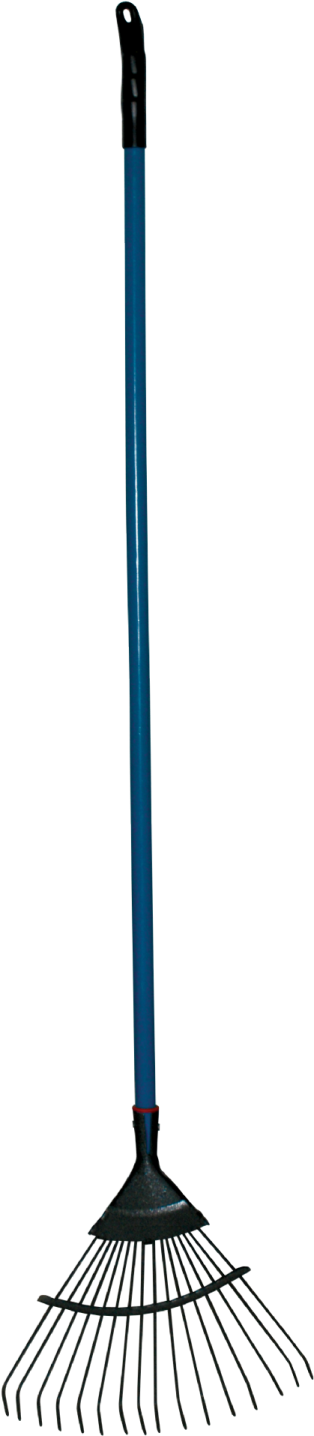 a blue garden rake with black handle