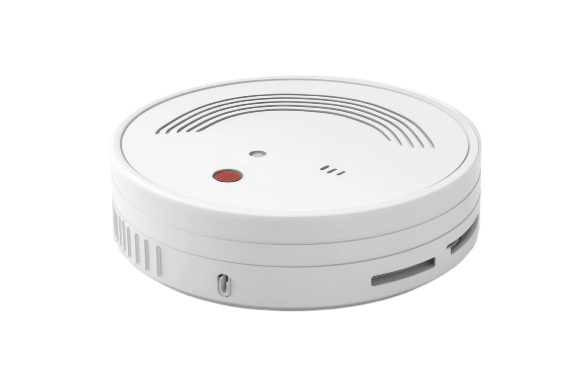 a white smoke detector with a red button