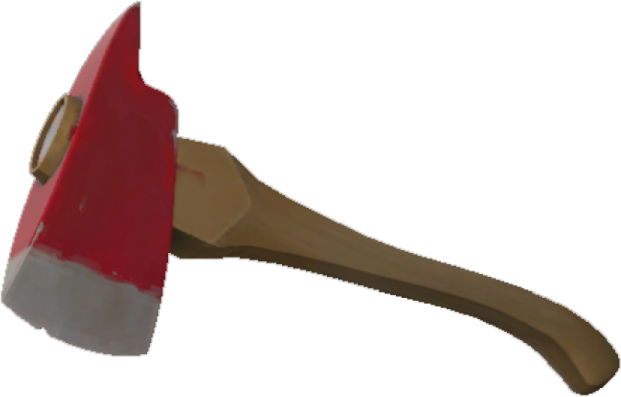 an axe with a red handle on it