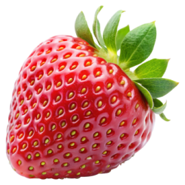 a strawberry with green leaves on it