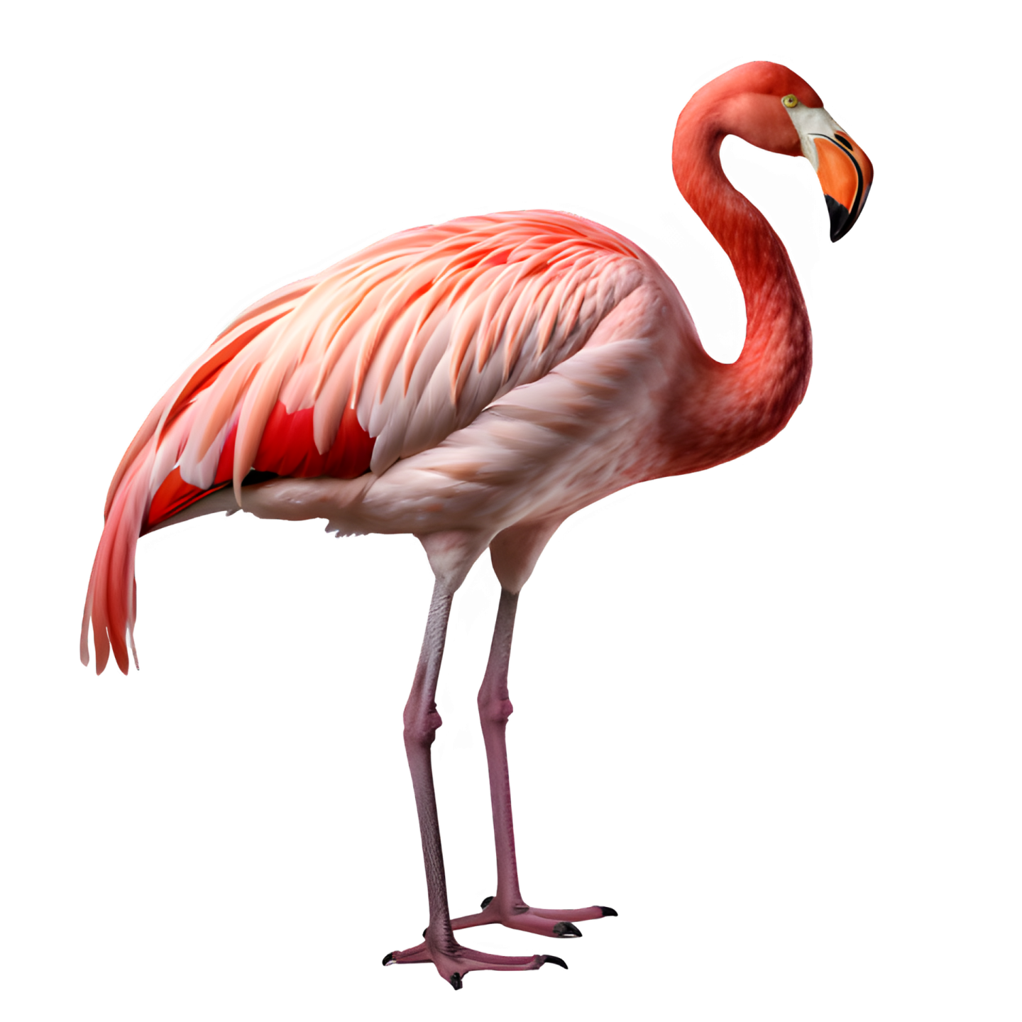 a pink flaming standing in front of a white background