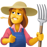 a woman wearing a hat and holding a pitchfork