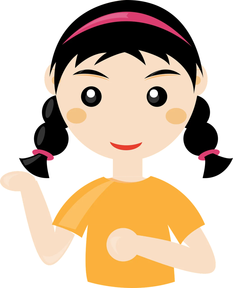 a girl with black hair wearing a yellow shirt