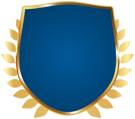 a blue shield with gold accents