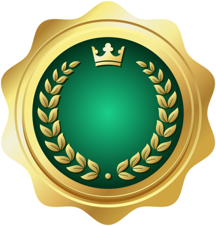 a gold seal with laurel and crown on it