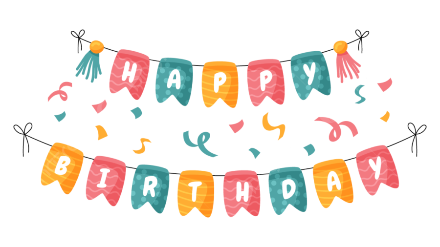 a happy birthday banner with balloons and streamers