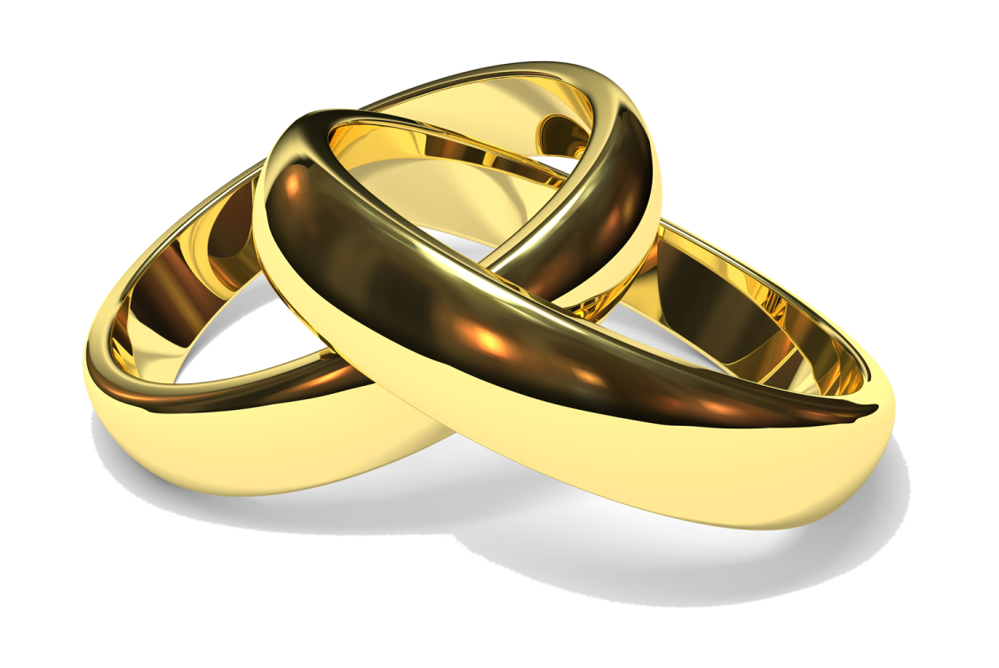 two gold wedding rings on a white background