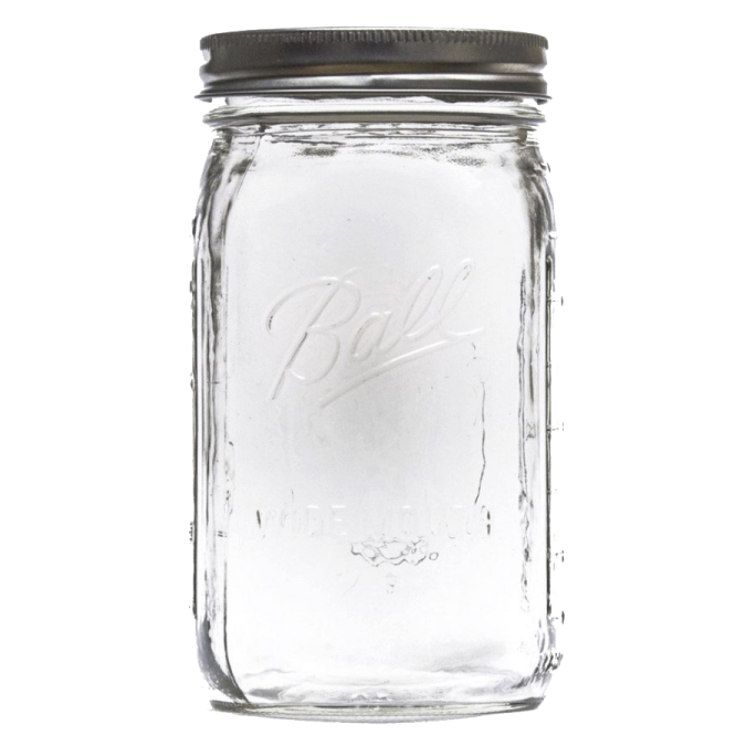 a glass mason jar with a black lid