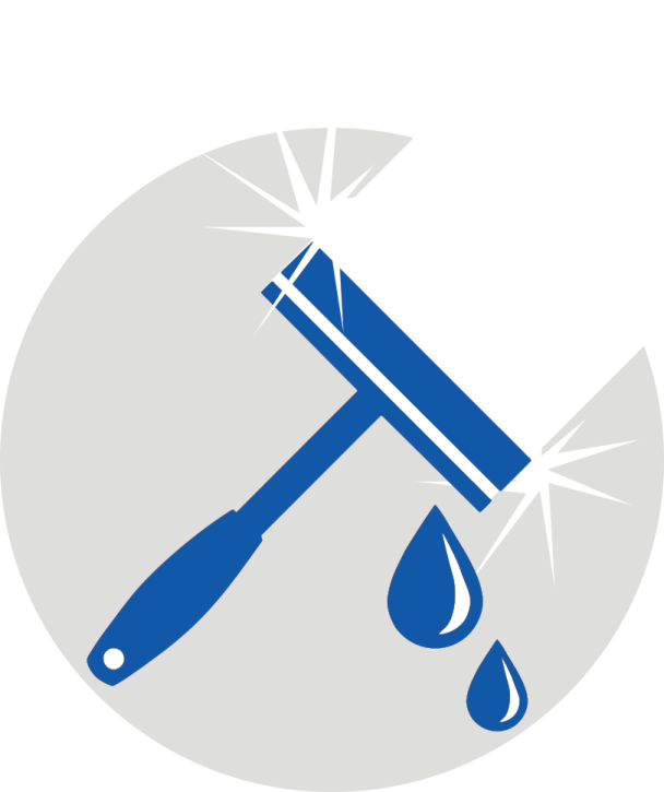 a blue and white logo with a hammer on it