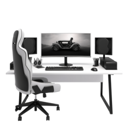 a computer desk with a monitor, keyboard and mouse
