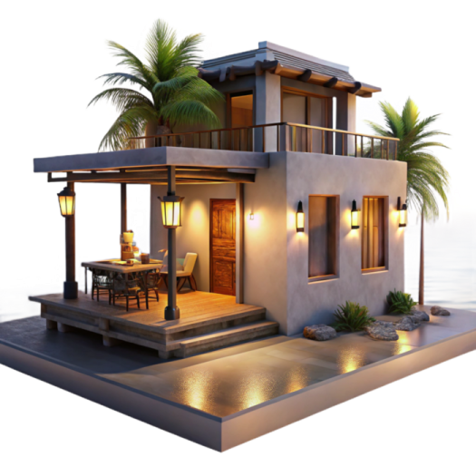 a small house with palm trees on the roof