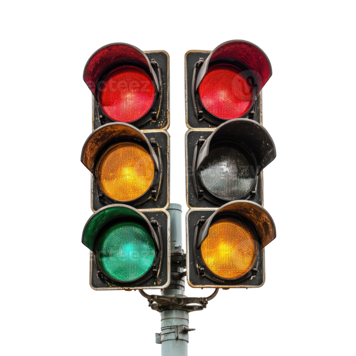 a traffic light with red, green and yellow lights