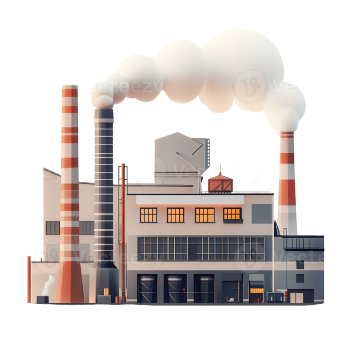 an illustration of a factory with smoke stacks