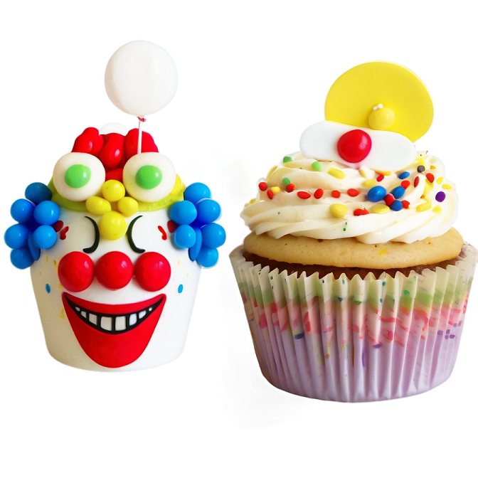 two cupcakes with clown faces on them