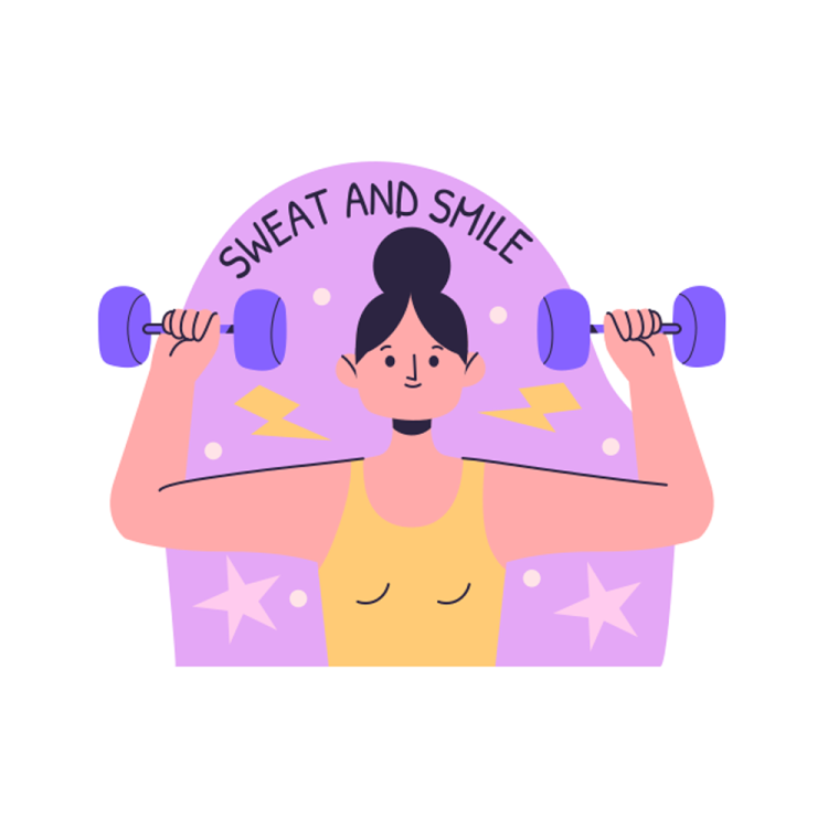 a woman holding two dumbs with the words sweat and she