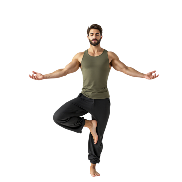 a man in a green tank top and black pants doing yoga