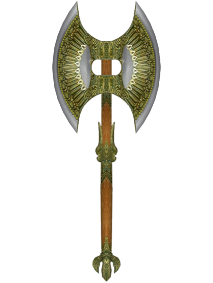 a green and gold axe with an ornate design