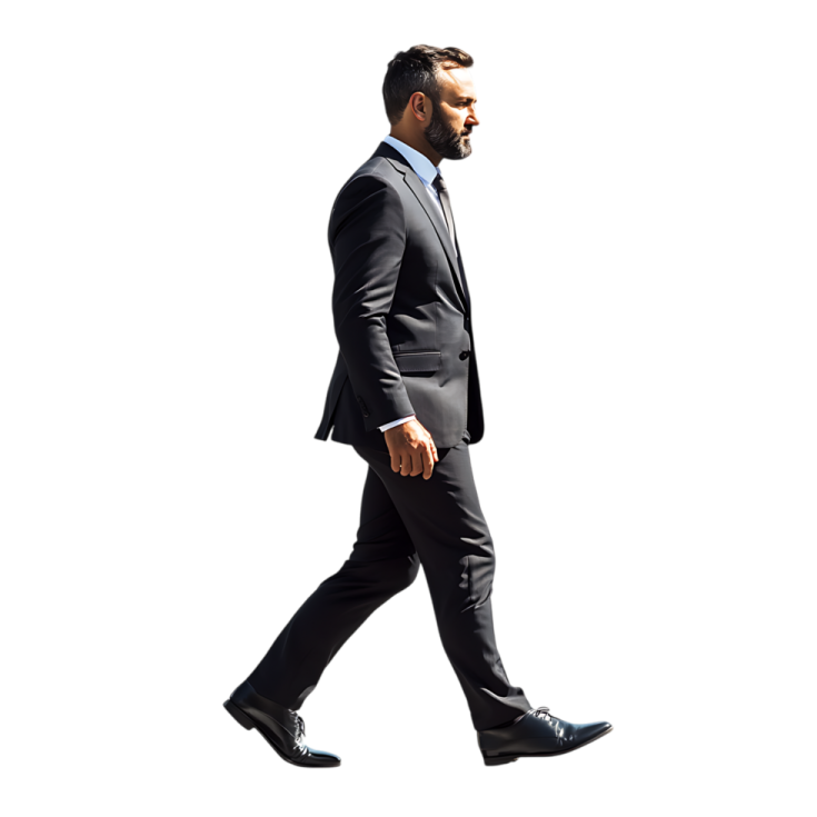 a man in a suit walking across a white background