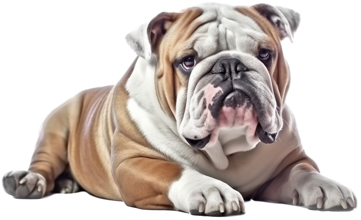 a brown and white dog laying down on the ground