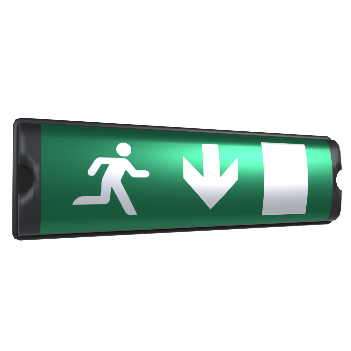 a green emergency exit sign on a white background