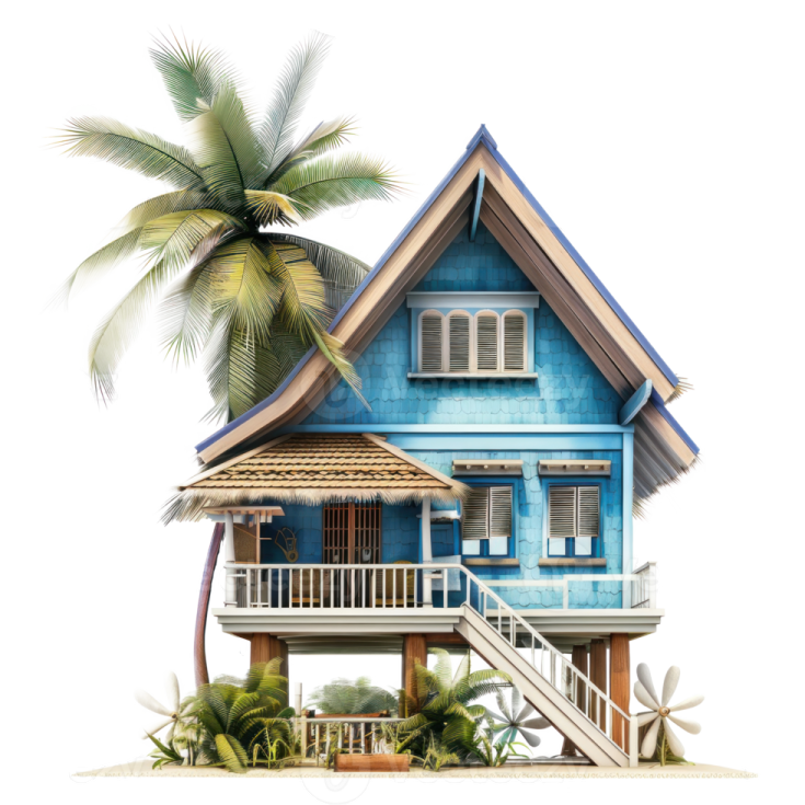 a small blue house on the beach with palm trees