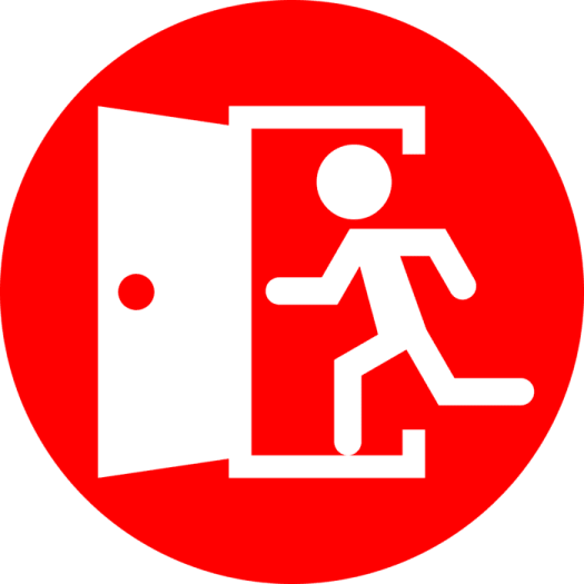 a red and white fire exit sign with a man running through the door