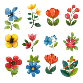 a set of colorful flowers and leaves