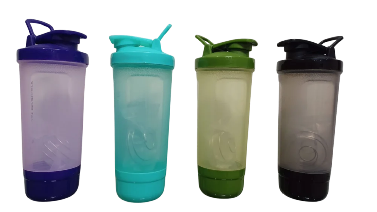 three different colored plastic water bottles