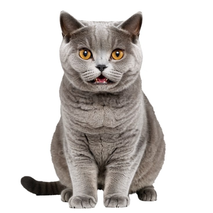 a grey cat with yellow eyes sitting and looking at the camera