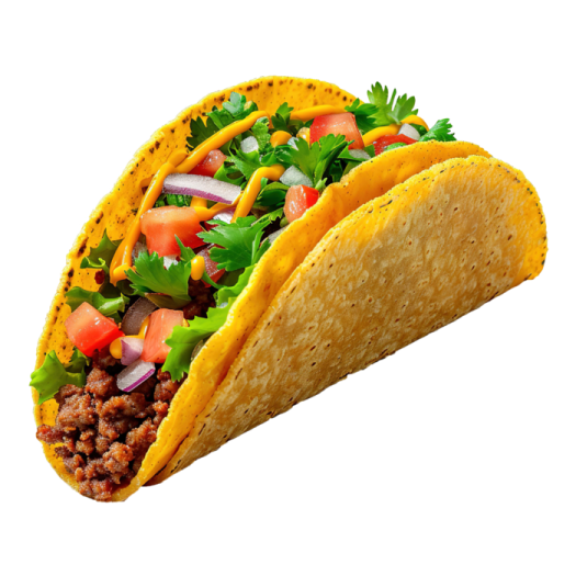 a tacoa filled with meat and vegetables on a white background
