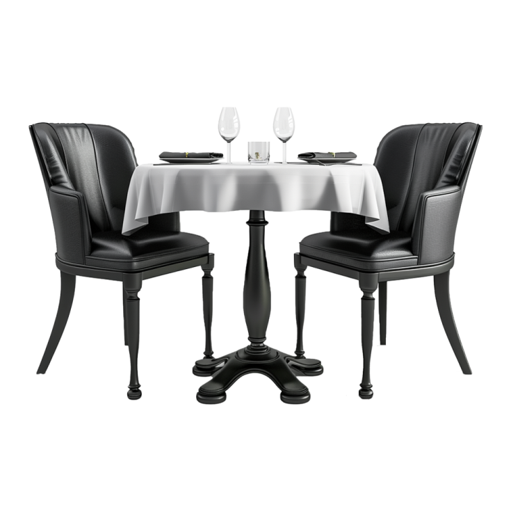 a table with two chairs and a wine glass
