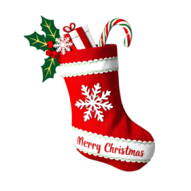 a red christmas stocking with holly and candy canes