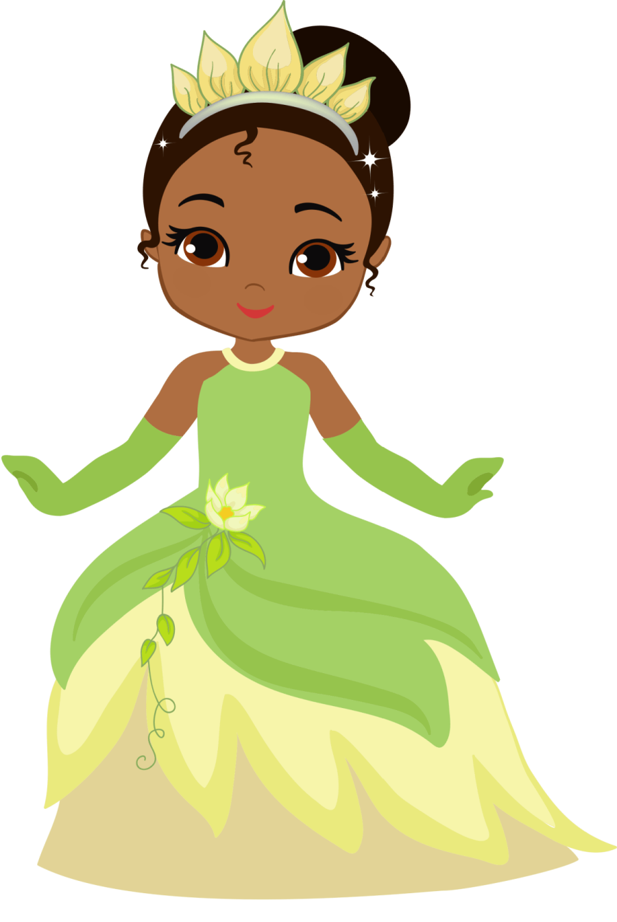 a little girl in a green dress with a flower in her hand