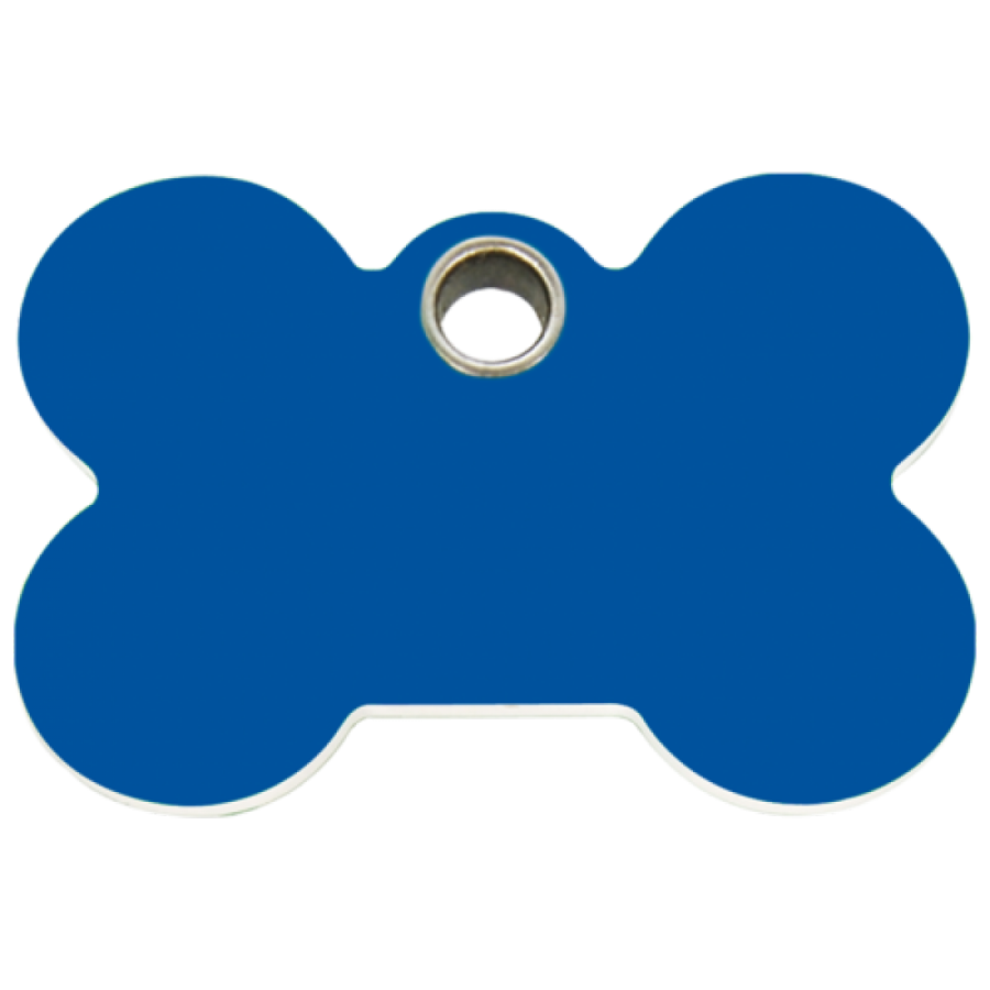 A blue bone tag with a metal ring