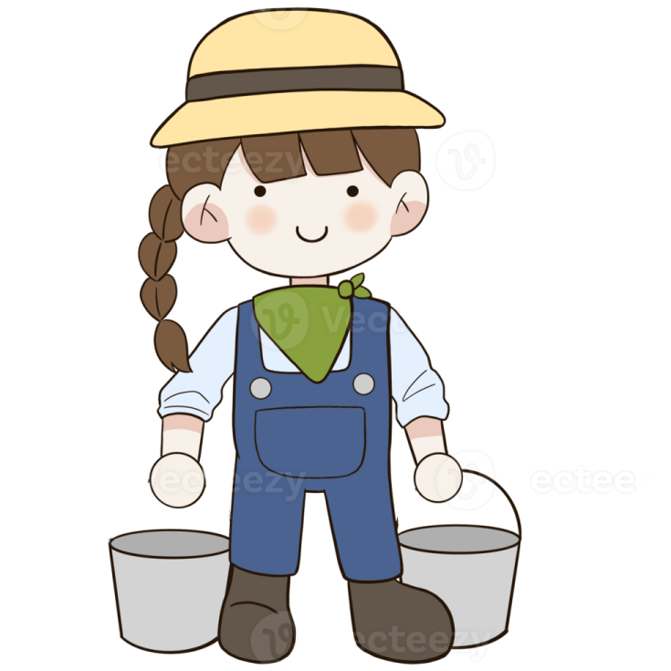 a woman in overalls and hat holding buckets