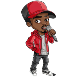 a cartoon drawing of a man in a red jacket and cap