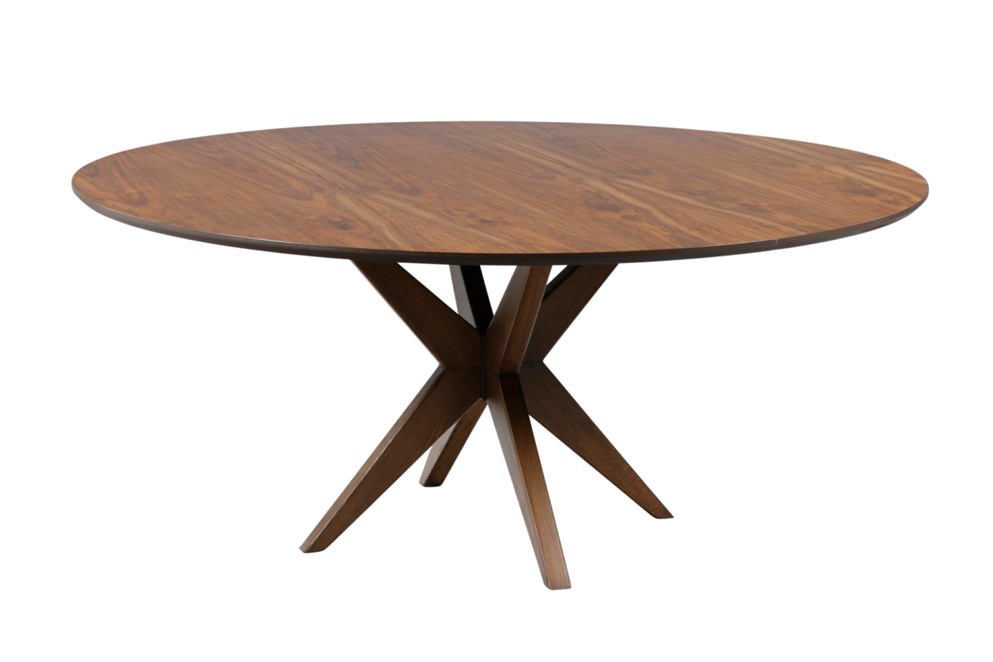 a round wooden table with two crossed legs