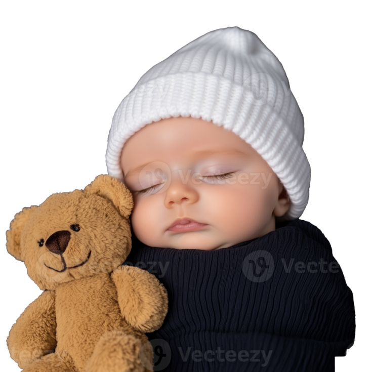 a baby sleeping next to a teddy bear