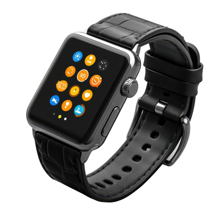 a smart watch with black leather band