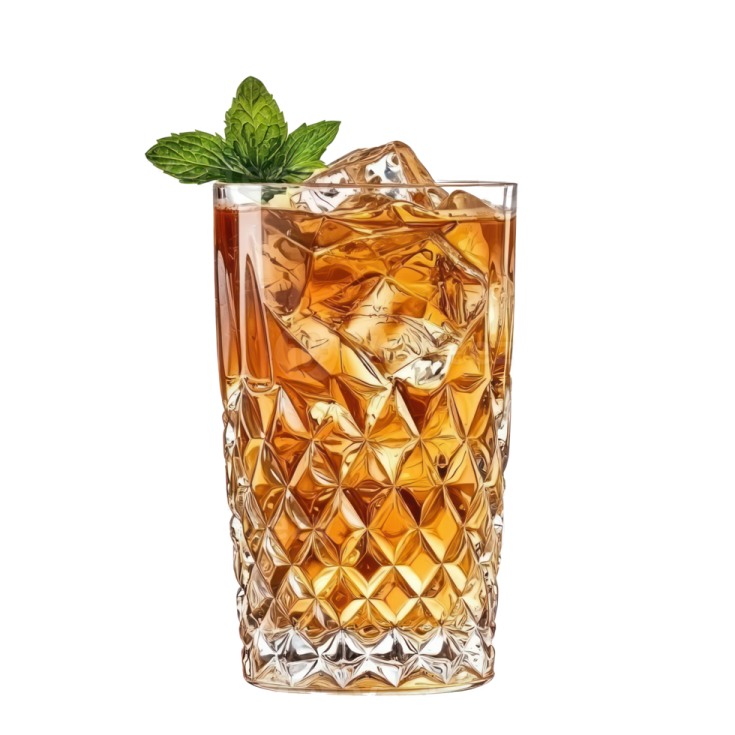 a glass of whiskey with ice and mint