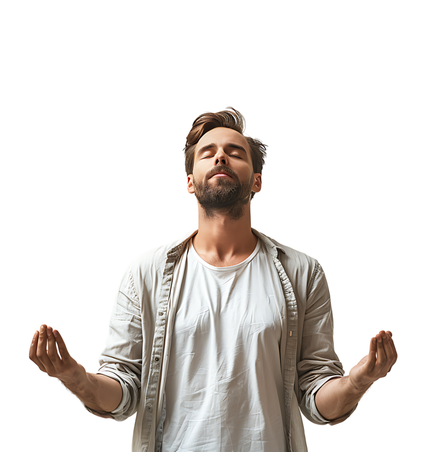 a man in a white shirt is doing yoga