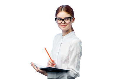 a woman in glasses holding a clipboard