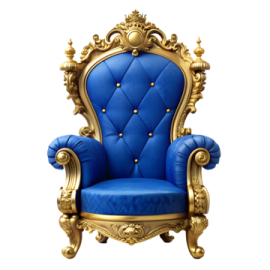 a blue and gold chair with a crown on it